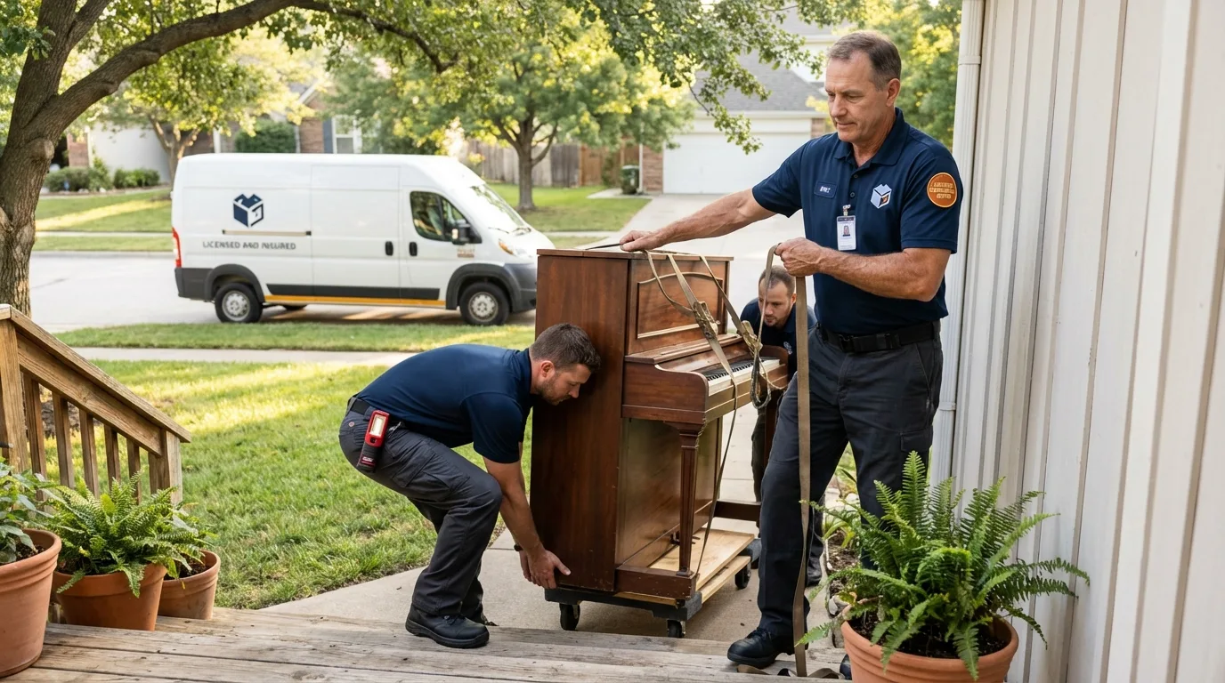 Licensed piano movers securing grand piano in Edgerton, OH