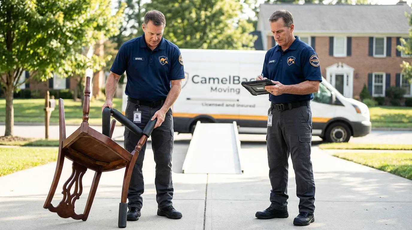 Movers inspecting furniture for damage prevention before loading in Edgerton, OH