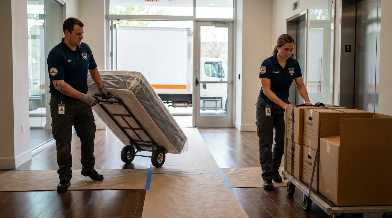 Professional apartment movers loading elevator in Edgerton, OH